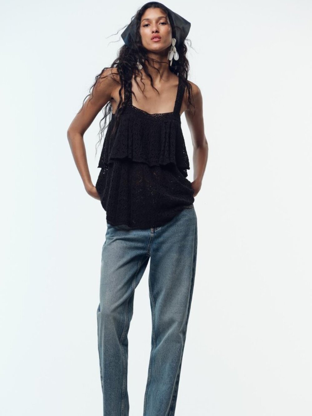 ZARA Pointelle Knit Ruffle Top Black Cotton Boho Tank Size L NWT Summer Chic